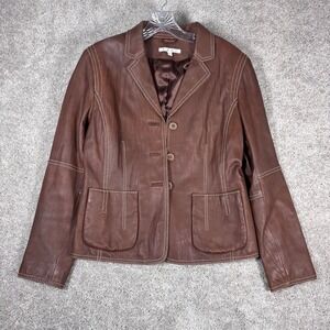 CABI Womens‎ Brown Leather Blazer Jacket Size 10 Stitching Pockets